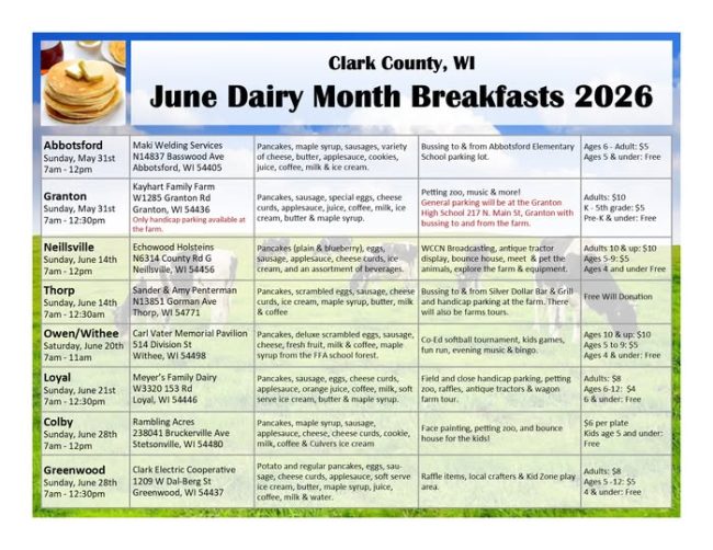 Flyer of Clark County Dairy Breakfasts in 2026